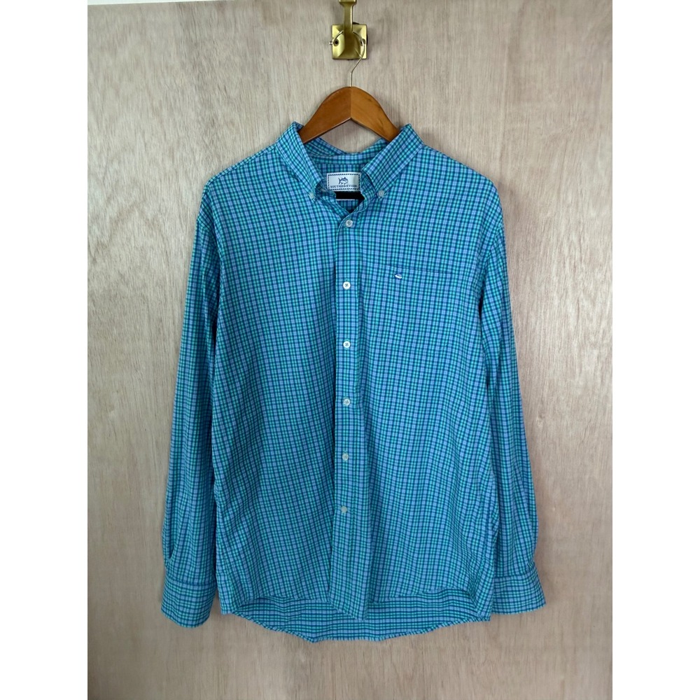 Southern Tide Performance Button Down Shirt Mens Large Blue Teal Plaid Check L